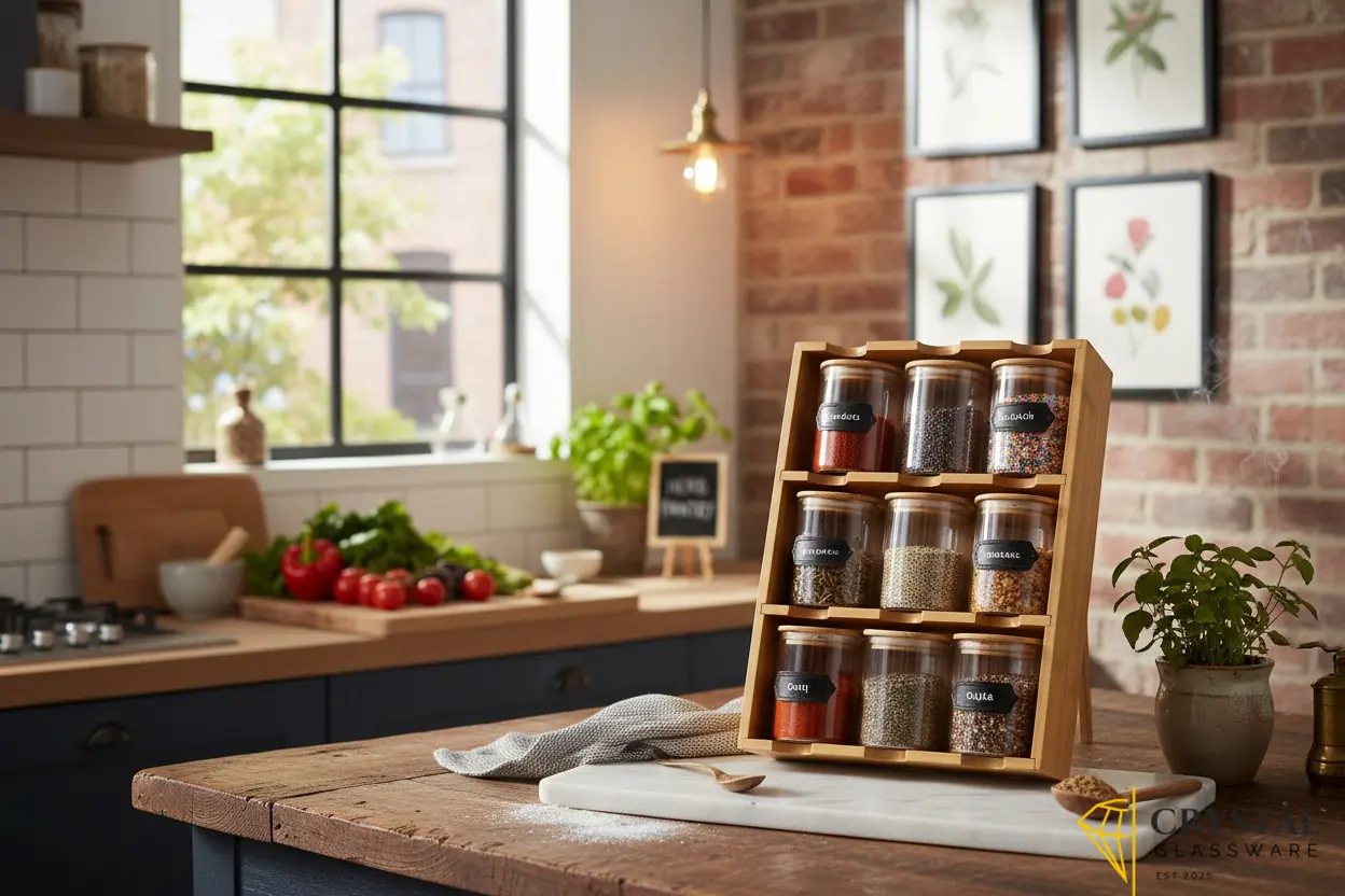 9-piece spice rack features clear glass jars with bamboo lids